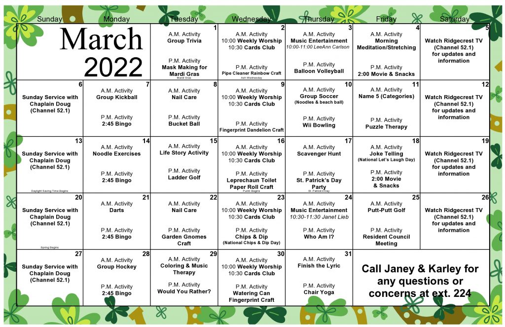 Crest Health Calendar March 2022