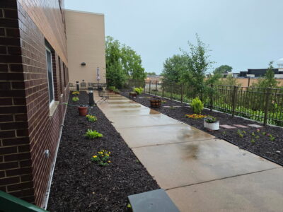 Exterior of Ridgecrest Village on a rainy day
