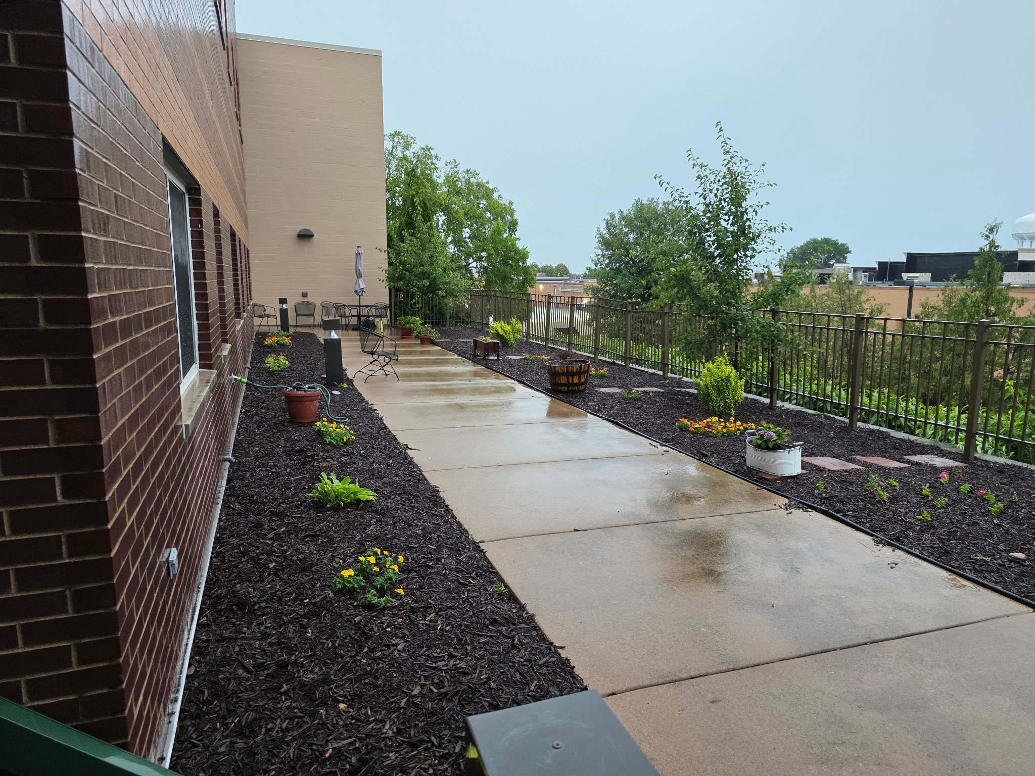 Exterior of Ridgecrest Village on a rainy day