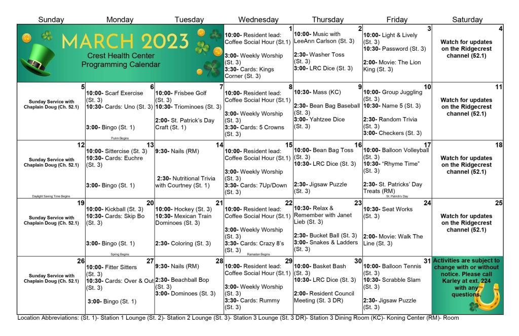 March 2023 Crest Health Center Calendar