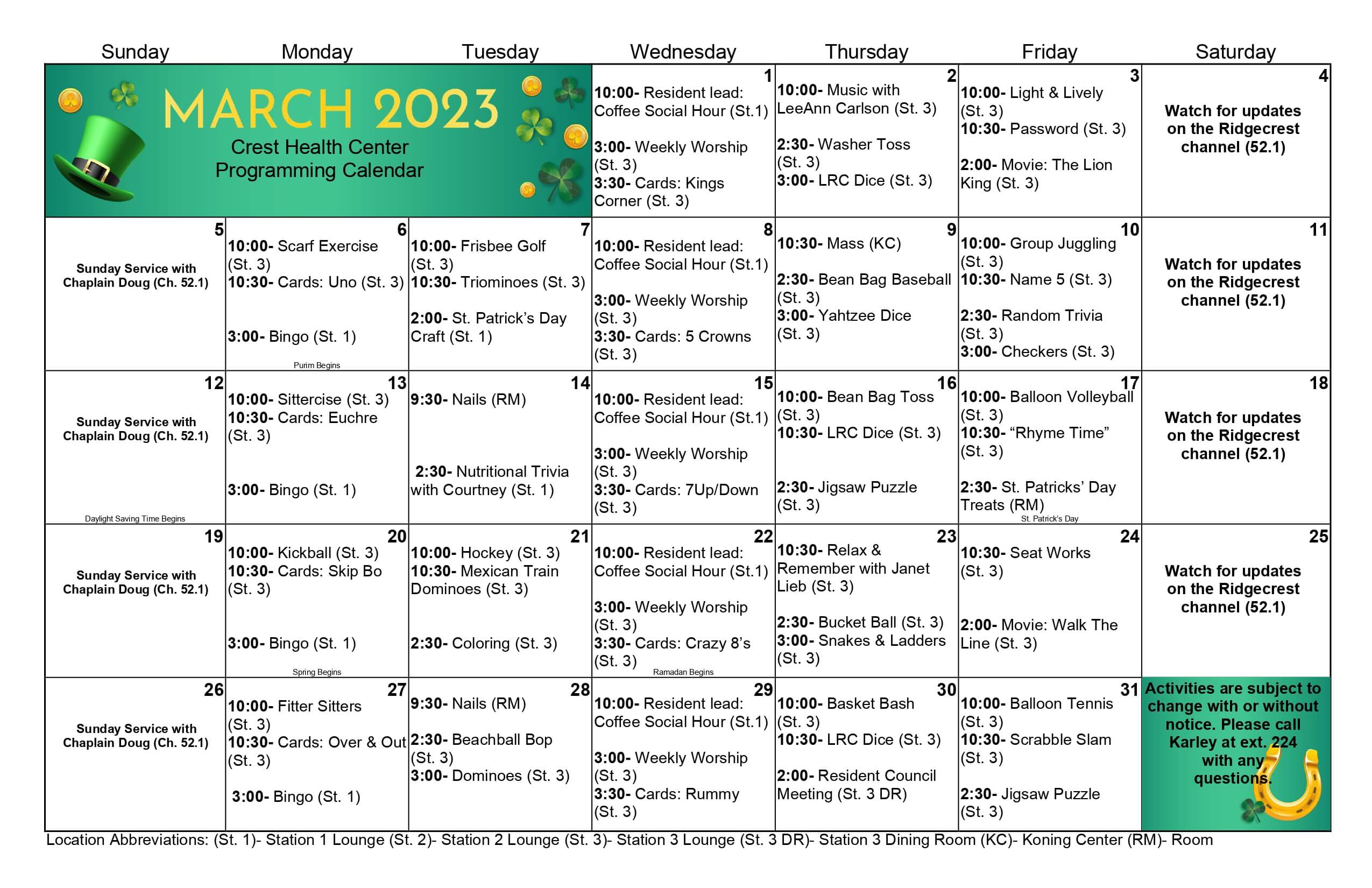 March 2023 Crest Health Center Calendar