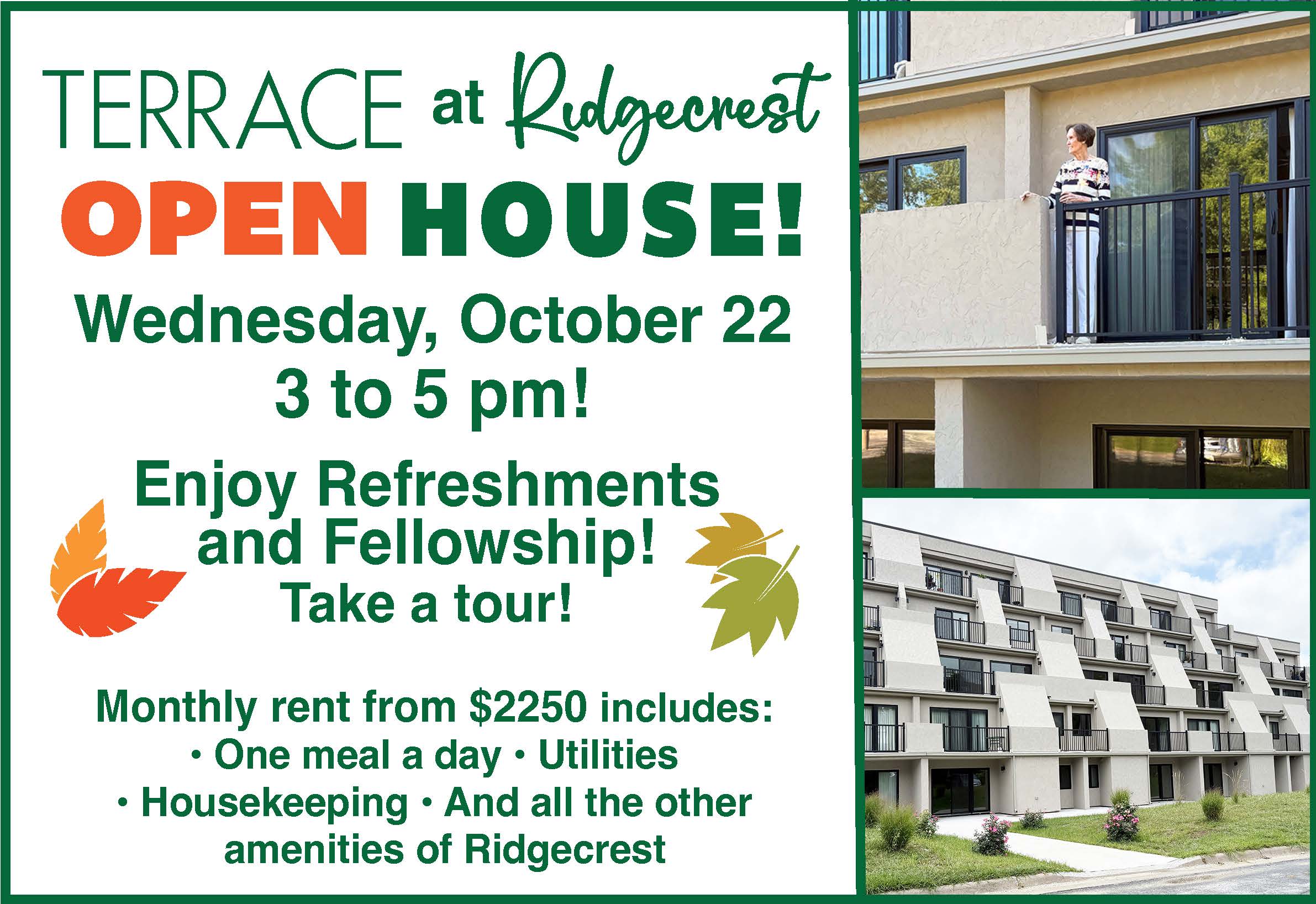 Pop-up graphic advertising Ridgecrest's Open House happening on October 22nd.