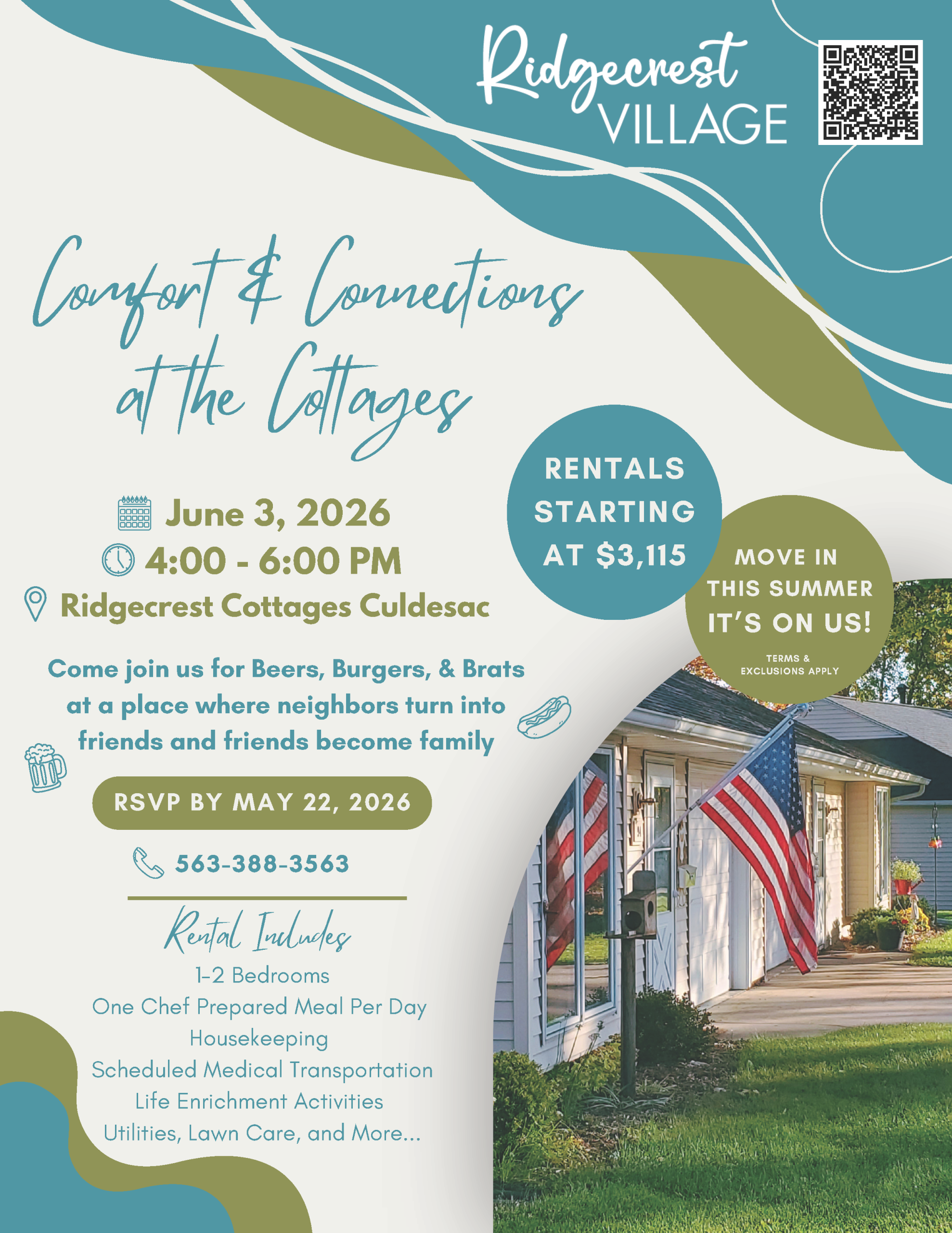 Pop-up graphic advertising Ridgecrest's Cottage Open House.
