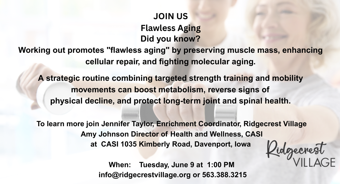 Pop-up graphic advertising Ridgecrest's Flawless Aging Presentation on June 9th.