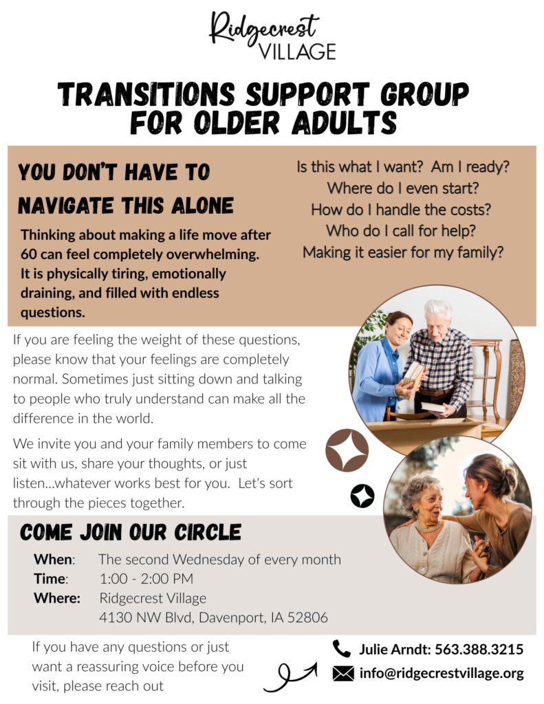 Transitions Support Group for Older Adults held the Second Wednesday each Month
